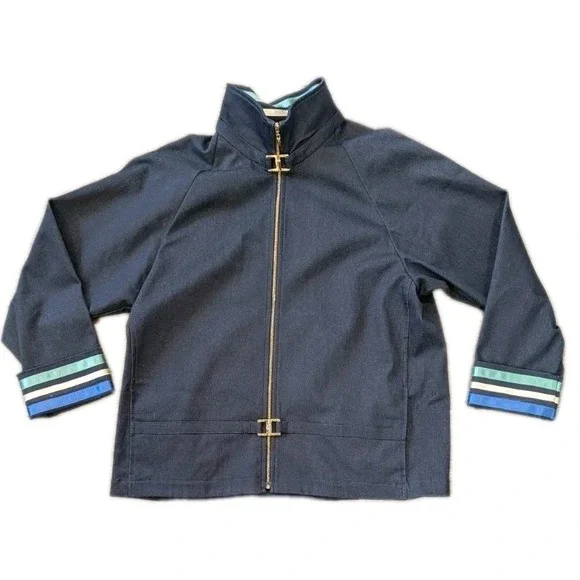 St John Marie Gray jacket S 3/4 Sleeve Full Zip Navy Blue Striped Trim Pockets